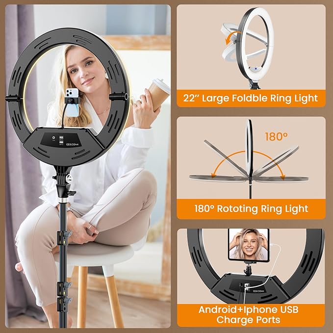 18" Large Ring Light with 60" Tripod Stand for iPhone, Portable Foldable Bi-Color 2500-6500K LED Big Ringlight for iPad with Bluetooth Remote Video Recording YouTube TikTok Photography Makeup