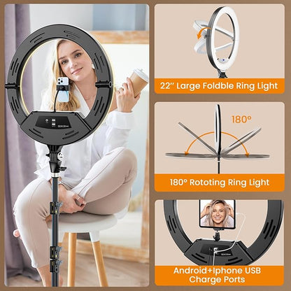 18" Large Ring Light with 60" Tripod Stand for iPhone, Portable Foldable Bi-Color 2500-6500K LED Big Ringlight for iPad with Bluetooth Remote Video Recording YouTube TikTok Photography Makeup