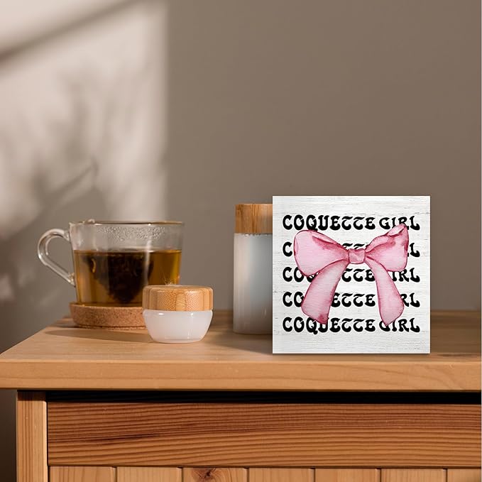 Coquette Room Decor Wood Box Sign Desk Decor, Pink Trendy Bow Decor, Preppy Aesthetic Girly Wooden Block Sign Decorations for Girl College Dorm Bedroom Wall Tabletop Shelf Decor