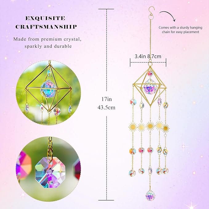 HDCRYSTALGIFTS 17inch Crystal Prisms Suncatcher for Window Hanging Gold-Plated Crystal Sun Catcher Indoor Window Rainbow Maker Home Garden Christmas Tree Decoration