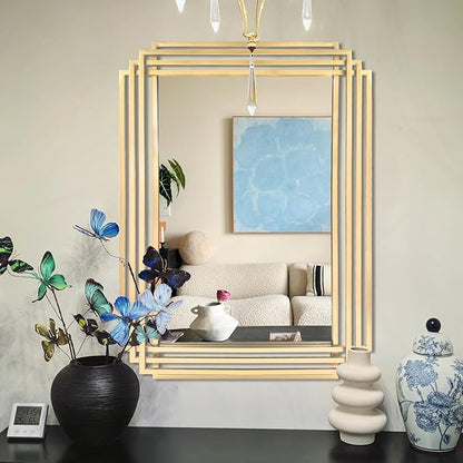 Gold Rectangle Mirror, 24"x18" Modern Vanity Wall Mirror with Metal Mirror, Geometric Art Deco Mirrors for Living Room Bathroom Bedroom Entryway Hallway, Hangs Vertically or Horizontally