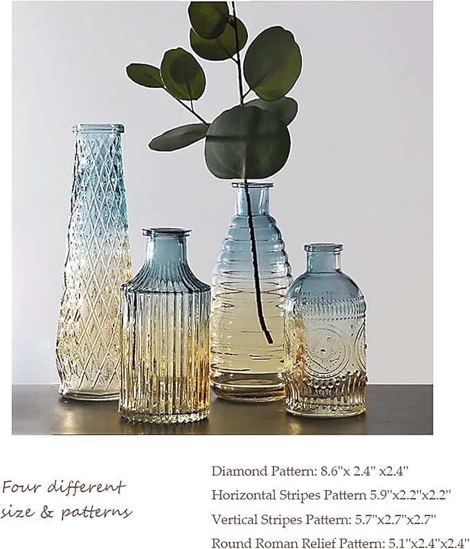FANTESTICRYAN Baroque Bud Glass Vases Set of 4, Retro Gradient Small Vase Single Flower Mini for Centerpiece Décor, Tabletop, Christmas, Wedding, Housewarming (Blue)