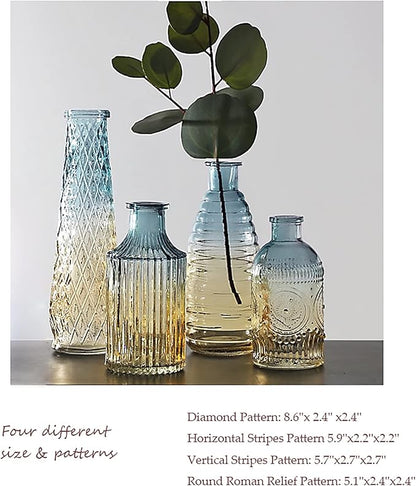 FANTESTICRYAN Baroque Bud Glass Vases Set of 4, Retro Gradient Small Vase Single Flower Mini for Centerpiece Décor, Tabletop, Christmas, Wedding, Housewarming (Blue)