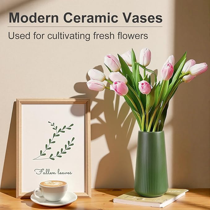 Alpinegreen Ceramic Vase, GUKJOB Small Cute Flower Vase for Pampas Grass, Home, Living Room, Dining Table, Farmhouse, Office Decor, Bedroom, Table, and Kitchen Shelf (Alpinegreen)