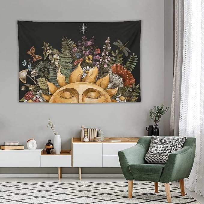 Vintage Sun Tapestry Wall Hanging,Hippie Boho Mushroom Floral Plant Tapestries for College Dorm Living Room Bedroom Decor(60"x90")