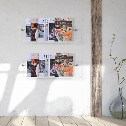 2 Pack 24 Inch Clear Acrylic Magazine Holder, Floating Brochure Display, Invisible Record Holder Magazine Rack, Hanging Bookshelf Literature for Waiting Room, Office, Home