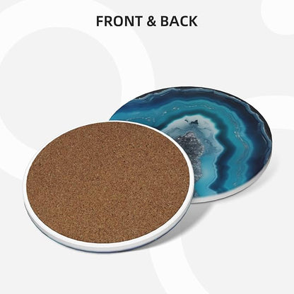 6 Pcs Ceramic Coasters with Holder Absorbent Drink Round Silver and Blue Agate Geode Print Design for Home Table Coffee Cup Wine Beer Bar,Size 4.4 inches