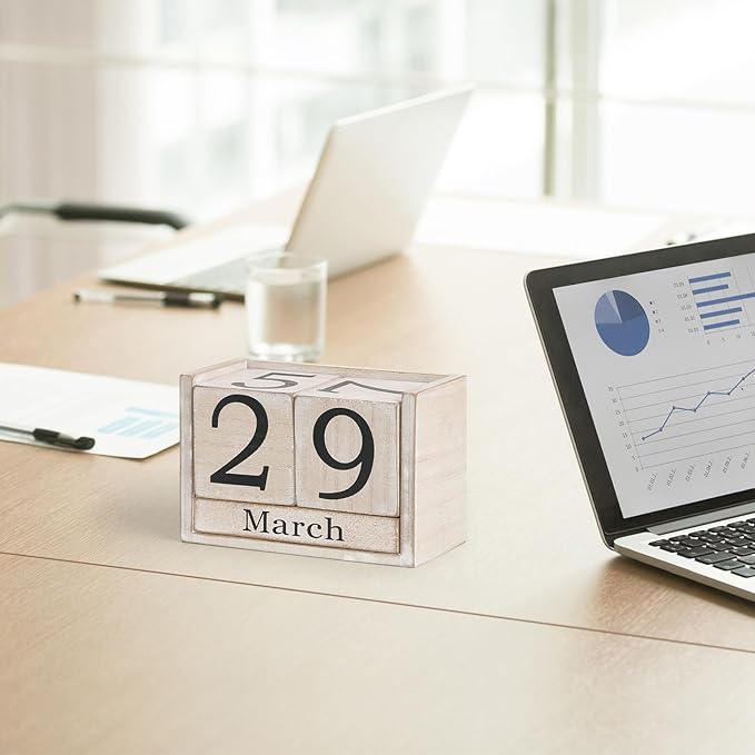 Wooden Block Calendar for Desk, Large Size Daily Desktop Perpetual Desk Calendar, Cute Date Display Desk Accessories for Home Office Decor, Teacher, Classroom, Reusable Yearly, Grey Beige