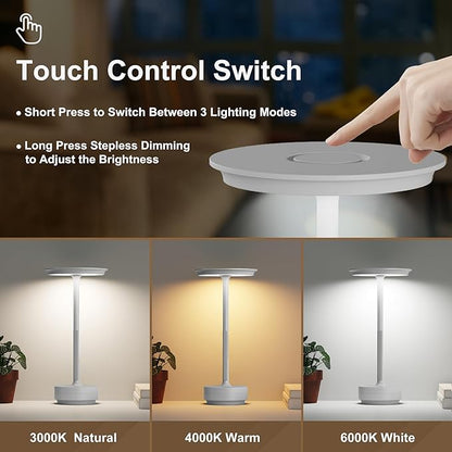 Rechargeable Cordless Table Lamp, Portable 5000mAh LED Touch Table Light, 3 Color Stepless Dimming Battery Powered Table Lamp for Outdoor/Restaurant/Patio.(Light Gray)