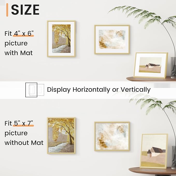 5x7 inch Metal Picture Frame - 5 x 7 Thin Aluminum Photo Frames with 4x6 Removable Mat - High Definition Plexiglass - Ideal for Wall or Tabletop Display - Gold, Set of 1