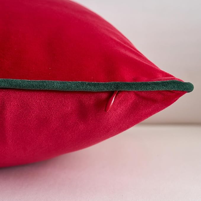 LIGICKY Set of 2 Christmas Red Velvet Throw Pillow Covers Modern Minimalist Style Solid Decorative Dark Green Rope Edging Soft Square Cushion Cases for Sofa Bedroom Party Décor, 18 x 18 inch