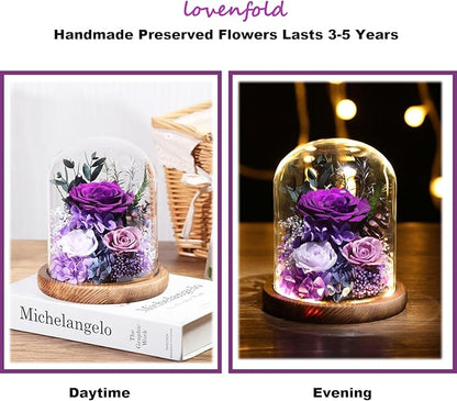 lovenfold Flowers for Delivery Preserved Rose Gifts for Women,Long-Lasting Forever Flowers in Glass Dome, Birthday Gifts for Women Mom Friend(Purple Rose)