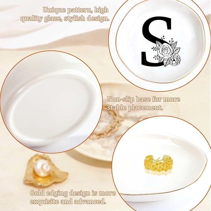 JoycuFF Initial S Ceramic Jewelry Tray, Bridesmaid Bride Gifts, Best Friend Mom Grandma Sister Engagement Birthday Gifts for Women, Trinket Dish for Rings Earrings Necklaces Bracelets Keys