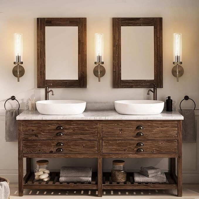 Bronze Wall Sconces, 15'' Brushed Brass Knurled Bathroom Sconces Wall Lighting Vanity Light with Clear Glass, Indoor Wall Mount Light for Living Room Mirror Bedroom Stairs