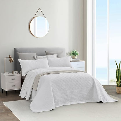 CHIXIN Cotton Bedspread Full Size - Real Stitching - Luxury Quilted Bedding Cover for All Season, Reversible, Ultra Soft, Lightweight, 3 Piece, Pure White