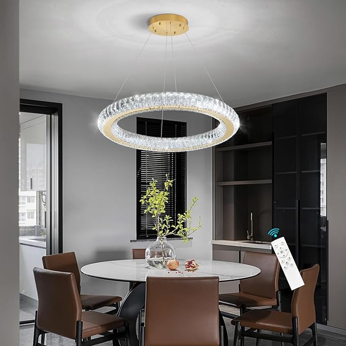 Crystal Ring Chandelier Gold Modern LED Pendant Lights for Dining Room Remote Dimmable Hanging Light Kitchen Island Entrance Bedroom Lighting Chandeliers