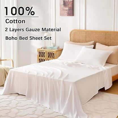 Sheets Queen Size Bed Set Cotton Bed Sheets Gauze 4 Pcs White Sheet Set 16" Deep Pocket Sheet & Pillowcase Sets Boho Muslin Sheets Soft Queen All Season Bedding Sets