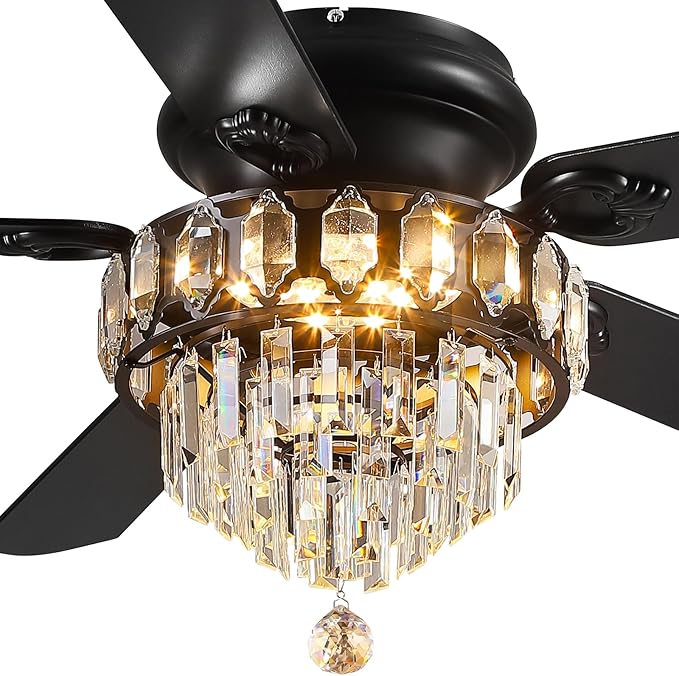 Asyko Crystal Ceiling Fan Fandelier with Lights - 52" Outdoor Fans with Remote Control，Noiseless DC Motor, Retro/Farmhouse Lighting, Dining Room,Living Room