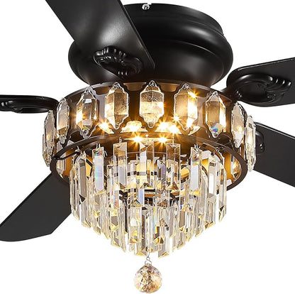 Asyko Crystal Ceiling Fan Fandelier with Lights - 52" Outdoor Fans with Remote Control，Noiseless DC Motor, Retro/Farmhouse Lighting, Dining Room,Living Room