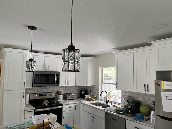 2 Pack 1 Light 5.3" Crystal Hanging Kitchen Island Pendant Light Black Finish,Concise Pendant Fixture Crystal Plate Metal Shade for Bar,Dining Room,Living Room Over Sink