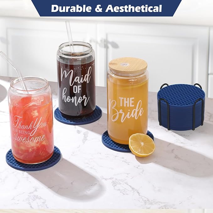 Silicone Coaster Set of 16 with Holder, Drinks Coasters, Suitable for All Cups, Hot or Cold, Anti-Slip, Non-Stick, Anti-Overflow Tabletop Protection and Decor (Navy Blue, 16 Pcs)