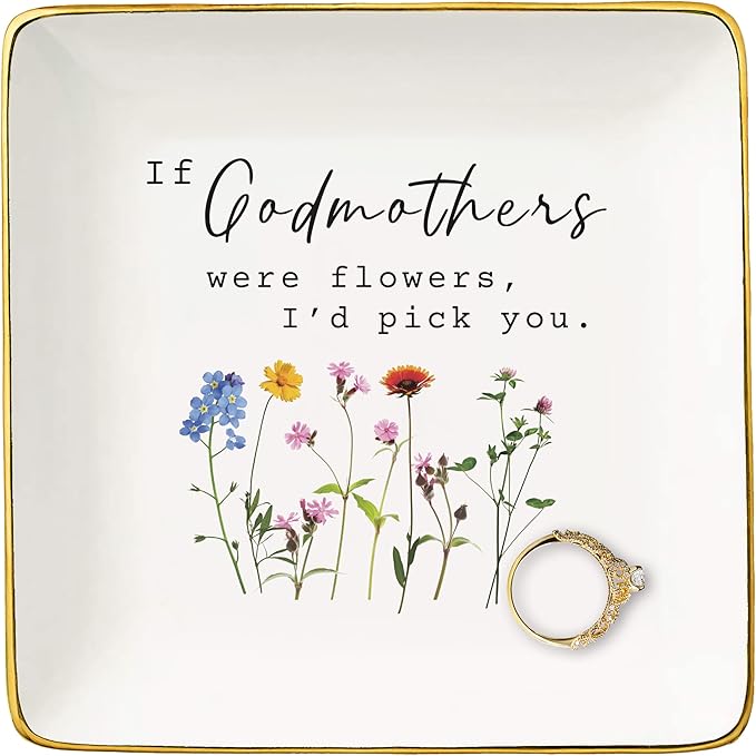 NZY Godmother Proposal Gift,Thank You Christmas Gift,Christening Baptism Present, Appreciated Present,First Time Godmom-Jewelry Tray Trinket Holder Ring Dish-If Godmothers Were Flowers,I'd Pick You