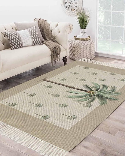 Tropical Palm Tree Large Runner Rug 4X6 Ft Living Room Area Rug, Washable Woven Brown Summer Beach Plant Throw Carpet with Tassel, Non-Shedding Farmhouse Retro Green Botanical Bedroom Office Carpets
