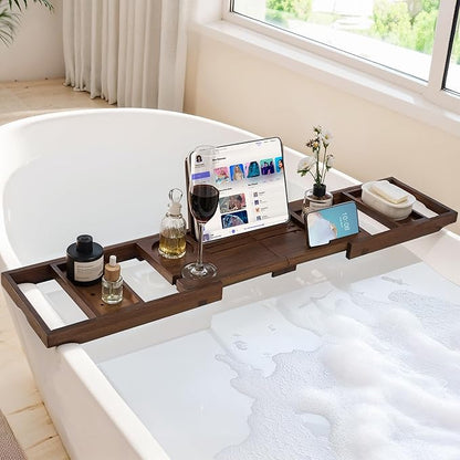 Teak Bathtub Tray, Wooden Tray Caddy for Bathtub, Luxury Bathroom Trays for Home Spa Relaxation, Teak Bathtub Caddy as Housewarming, Wedding Gifts for Women (Walnut Teak)