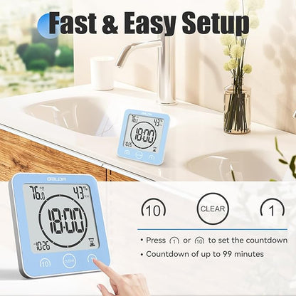 Baldr Shower Clock Waterproof Bathroom Clock with Timer/Temperature/Humidity, Digital Timers for Kids and Adults, Bath Kitchen Study, Blue