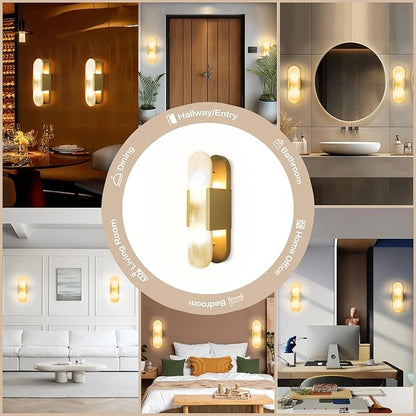 13.8" Brass Alabaster Wall Sconces, Hardwired Indoor Lights, Natural Alabaster Stone Shade, Modern Oval Vanity Lighting for Bedroom, Bathroom, Hallway, Stairs