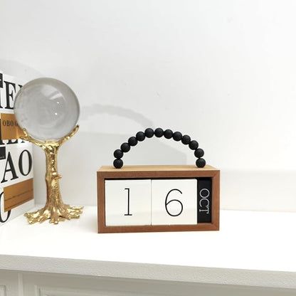 Wooden Perpetual Calendar for Desk, Metal Wood Month Date Display for Teachers, Students, Classroom, Rustic Farmhouse Office Decor, Desk Accessories (Black wood beads)