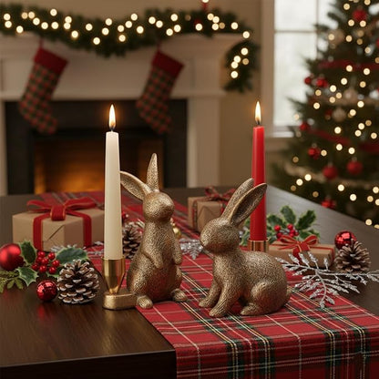 Gold Rabbit Candle Holders - Bunny Set of 2 Vintage Rustic Pedestal Candlesticks, Easter Decorations, Holiday & Themed Decor, Centerpieces for Fireplace Mantle & Dining Table