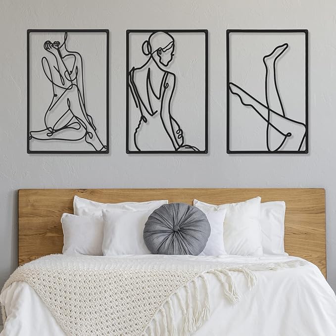 CHENGU 3 Pieces Metal Minimalist Abstract Woman Wall Art Line Drawing Wall Art Decor Single Line Female Home Hanging for Kitchen Bathroom Living Room