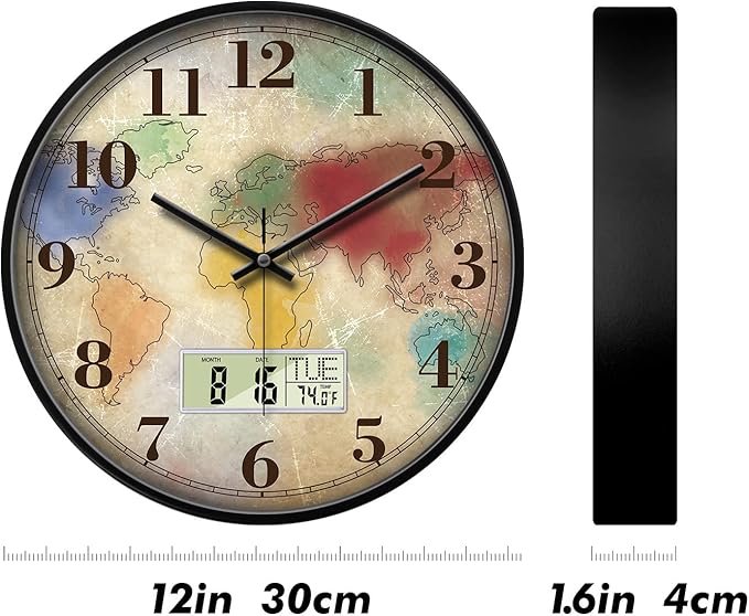 Modern Round Retro Digital and Analog Wall Clock Silent Calendar Colorful World Map Vintage Clocks with Date and Temperature Week Quiet Non-Ticking Kid Room Office Kitchen Decor for Bedroom 12 Inch