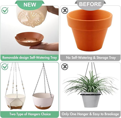 Set of 2-10 Inch Hanging Planters for Indoor Plants with Self-Watering Includes Hanging Pots for Plants, Outdoor Hanging Plant Pot with Drainage, and 2 Types of Hanging Baskets Hangers (White, 10inch)
