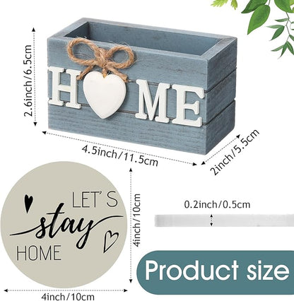 Queekay Coasters Set of 6 House Warming Gifts New Home Wooden Farmhouse Drink Coasters with Holder 4'' Funny Decoration for Kitchen Family Coffee Bar Tabletop Protection(Gray Blue)