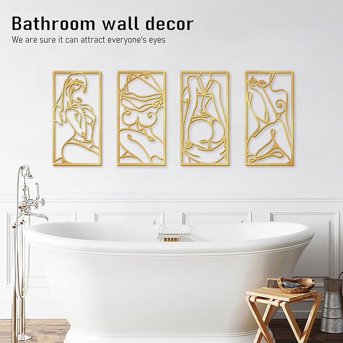 Bakovity Gold Metal Bathroom Wall Art Minimalist Line Art Wall Decor Gold Abstract Modern Wall Decor for Bathroom Living Room Bedroom (4 Pcs,17 x 9 in)