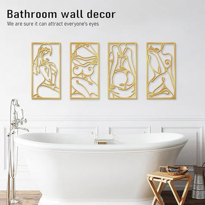 Bakovity Gold Metal Bathroom Wall Art Minimalist Line Art Wall Decor Gold Abstract Modern Wall Decor for Bathroom Living Room Bedroom (4 Pcs,17 x 9 in)