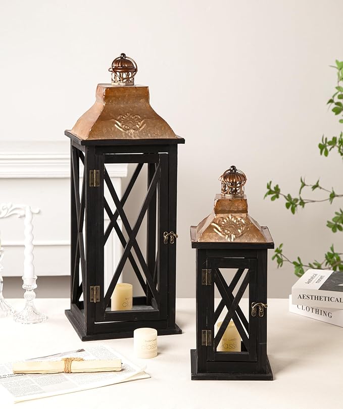 Large Farmhouse Wooden Lanterns with Metal Top, Decorative Floor Lanterns Set of 2, Black Frame with Rustic Gold Accents, Indoor/Outdoor Hurricane Lanterns for Home Decor (No Glass)