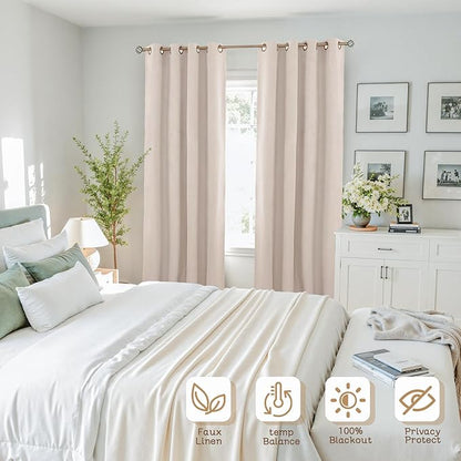 BGment 100% Long Blackout Curtains for Living Room 96 Inch Long - Linen Textured Thermal Insulated Total Sun Blocking Linen Look Burlap Color Window Drapes for Bedroom/Farmhouse, 2 Panels, 52 x 96