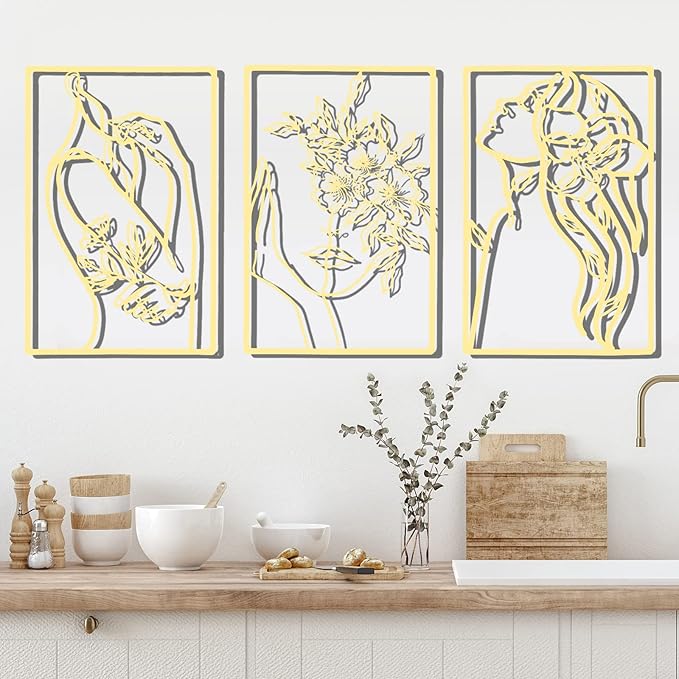 CHENGU 3 Pieces Gold Wall Decor Minimalist Wall Art Metal Line Wall Art Wall Decor for Bedroom Single Line Female for Kitchen Bathroom Living Room(Flower)