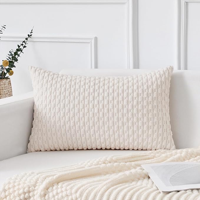 Kevin Textile 14x24 Inch Pillow Cover 1 Pack Boho Christmas Decorative Soft Striped Corduroy Lumbar Farmhouse Color Accent Rectangle Cushion Case for Living Room Couch Sofa Bed, Pure White