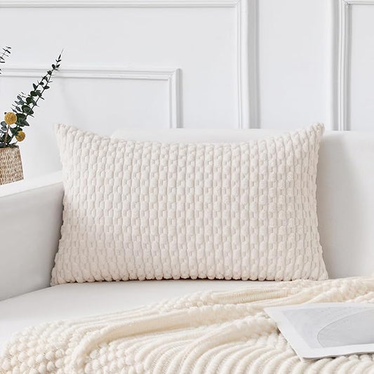 Kevin Textile 14x24 Inch Pillow Cover 1 Pack Boho Christmas Decorative Soft Striped Corduroy Lumbar Farmhouse Color Accent Rectangle Cushion Case for Living Room Couch Sofa Bed, Pure White