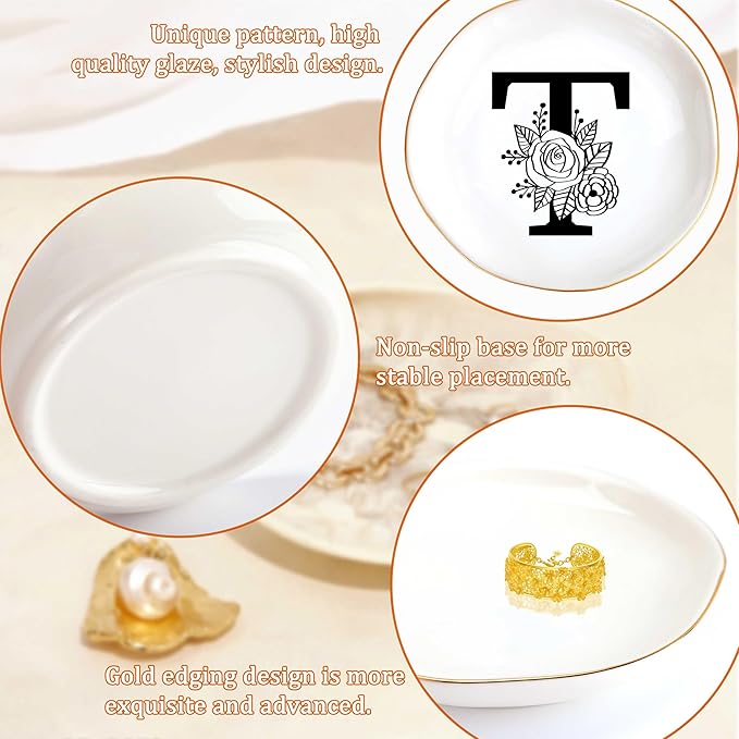 JoycuFF Initial T Ceramic Jewelry Tray, Bridesmaid Bride Gifts, Mothers Day Christmas Anniversary Engagement Birthday Gifts for Women Couples, Trinket Dish for Rings Earrings Necklaces Bracelets Keys