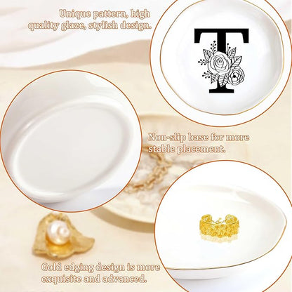 JoycuFF Initial T Ceramic Jewelry Tray, Bridesmaid Bride Gifts, Mothers Day Christmas Anniversary Engagement Birthday Gifts for Women Couples, Trinket Dish for Rings Earrings Necklaces Bracelets Keys
