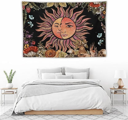 Vintage Sun Tapestry,Boho Hippie Mushroom Plant Botanical Sun and Moon Art Tapestries Wall Hanging for Dorm Living Room Bedroom Decor(60"x90")