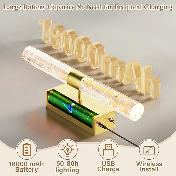 camuucci Battery Operated Gold Wall Sconces Set of 2 Rechargeable Battery Powered Wall Light with 18000mAh Not Hardwired Dimmable Wall Lamp Fixtures for Bedroom Living Room 15.3 Inches