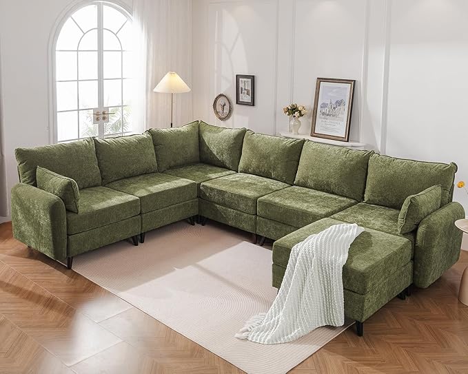 Modular Sectional Sofa with Seats Storage, Oversized L Shaped Couch,6-Seaters Comfy Couches for Living Room,Cloud Couches with Deep Seat,Movable Ottoman,Chenille,Green