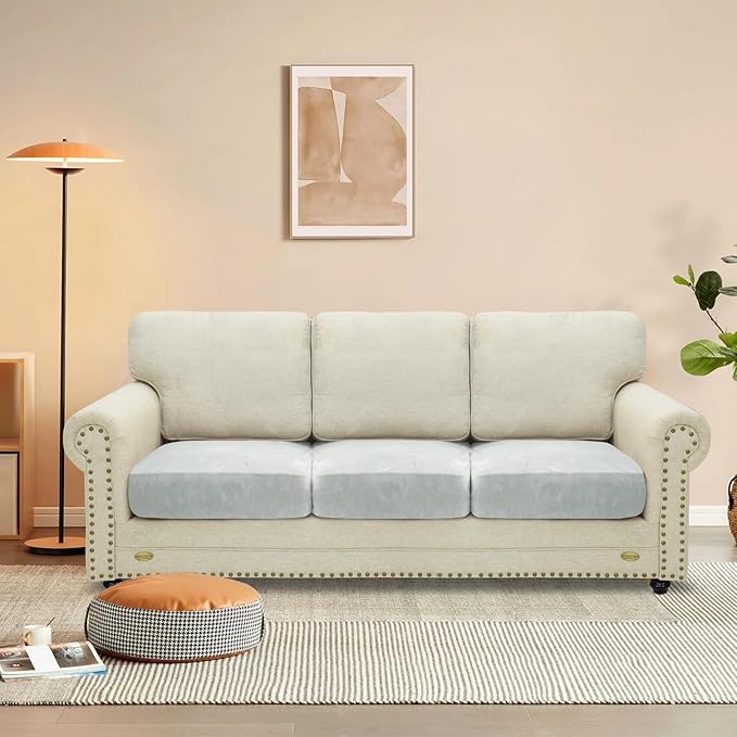MAXIJIN Velvet Stretch Seat Cushion Covers Couch Cushion Cover for Individual Cushions Sofa Seat Cushion Slipcovers with Elastic Bottom (3 Piece XL Sofa Cushion Covers, Silver Grey)