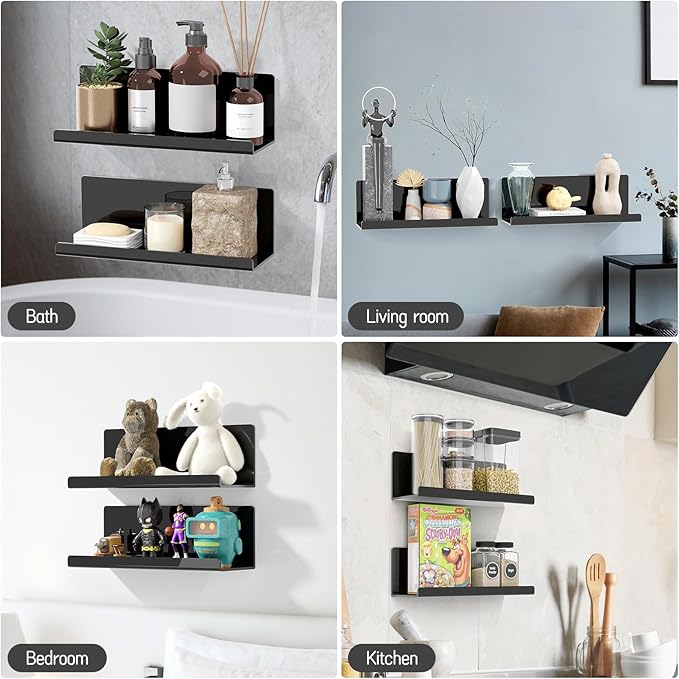 PAVSTINE Acrylic Floating Shelves for Wall No Drilling, Self Adhesive Space-Saving Shelves, 12 Inch Floating Shelf Stick on Wall Shelf, for Bathroom, Kitchen, Bedroom, Office, Gaming Room, Black